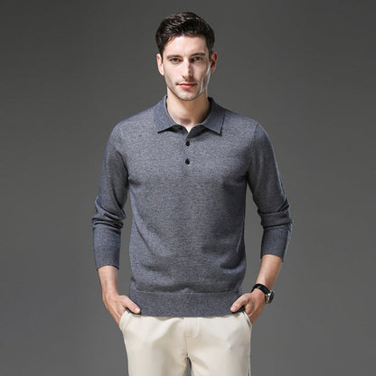 Men's Polo Sweater with Knit Collar and Button Placket