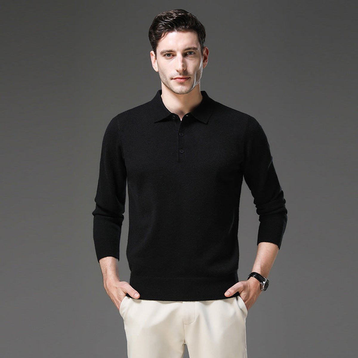 Men's Polo Sweater with Knit Collar and Button Placket