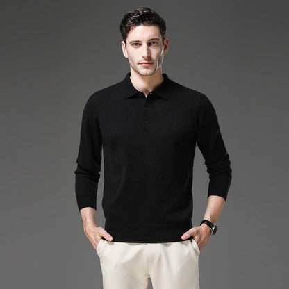 Men's Polo Sweater with Knit Collar and Button Placket