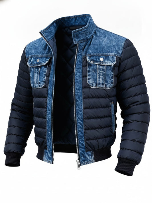 Men's Puffer Jacket with Denim Panels, Stand Collar and Zip Closure
