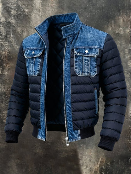 Men's Puffer Jacket with Denim Panels, Stand Collar and Zip Closure