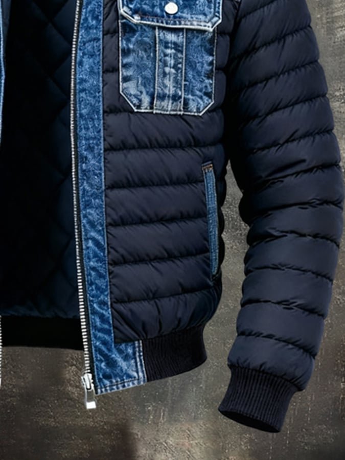 Men's Puffer Jacket with Denim Panels, Stand Collar and Zip Closure