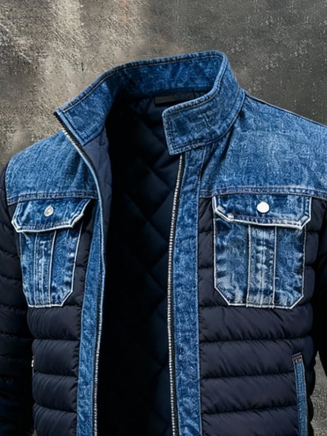 Men's Puffer Jacket with Denim Panels, Stand Collar and Zip Closure