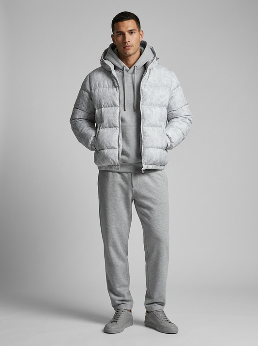 Men's Puffer Jacket with Hood and Zip Closure