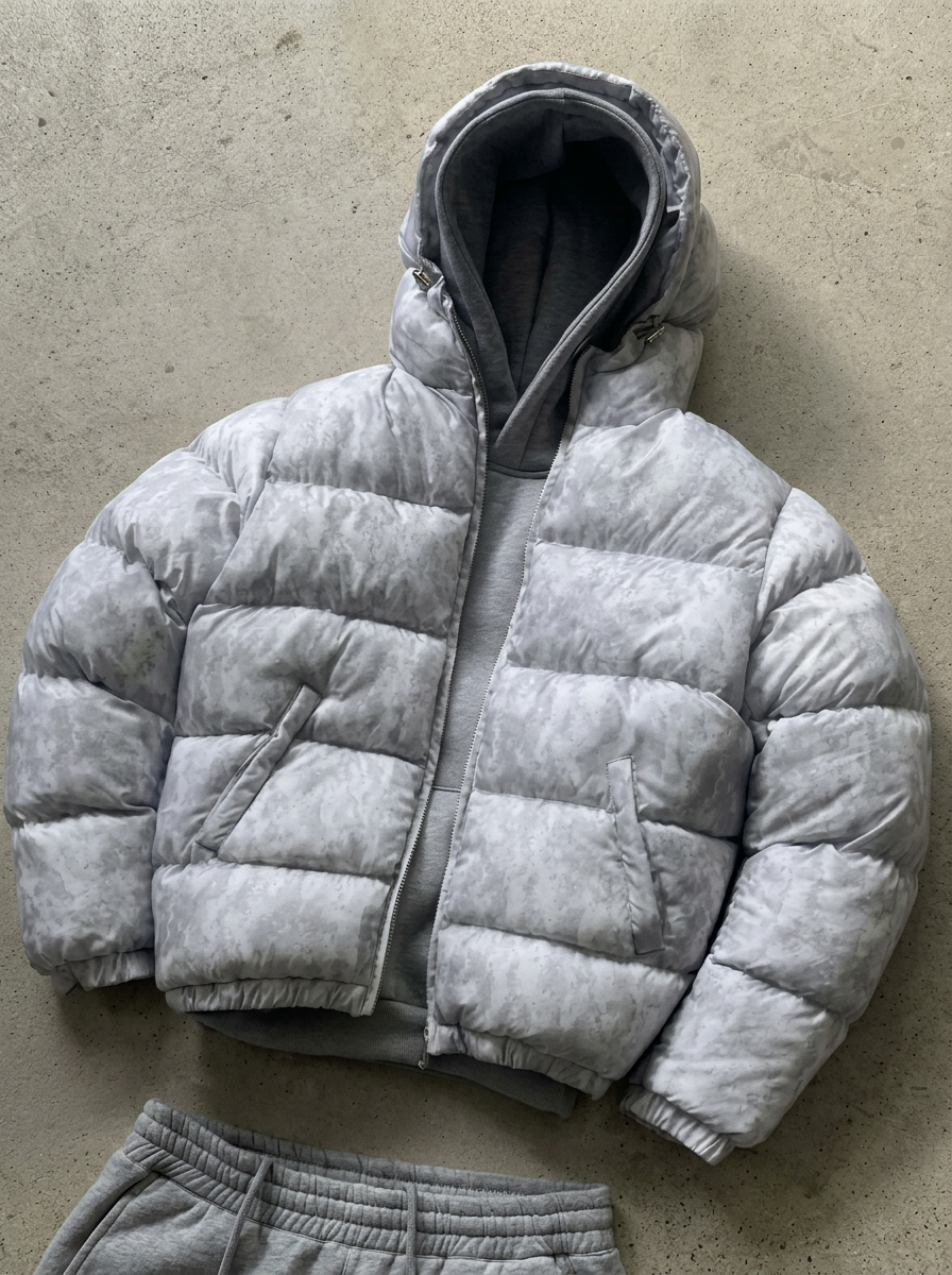 Men's Puffer Jacket with Hood and Zip Closure