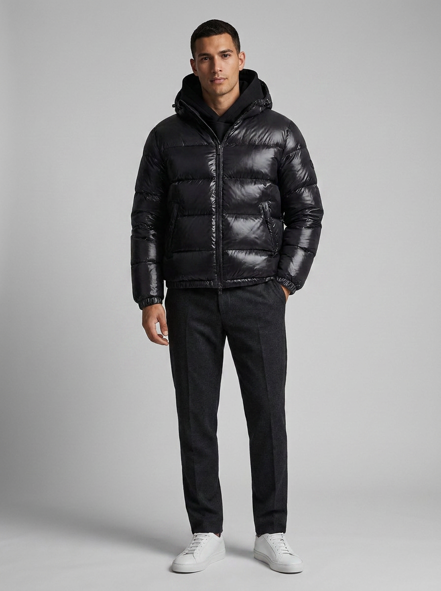 Men's Puffer Jacket with Hood and Zip Closure