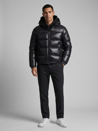 Men's Puffer Jacket with Hood and Zip Closure