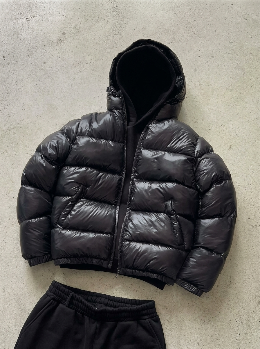 Men's Puffer Jacket with Hood and Zip Closure