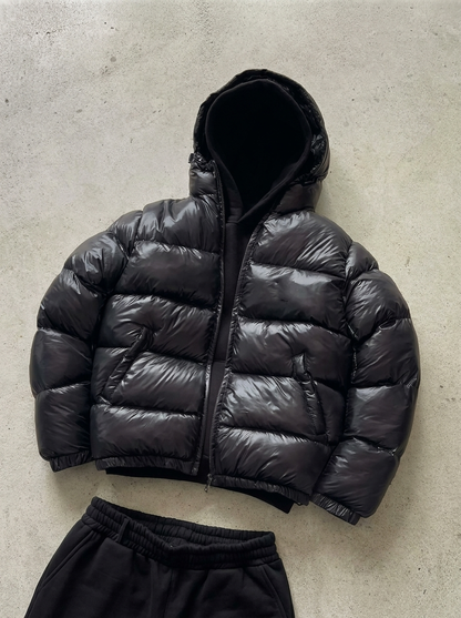 Men's Puffer Jacket with Hood and Zip Closure