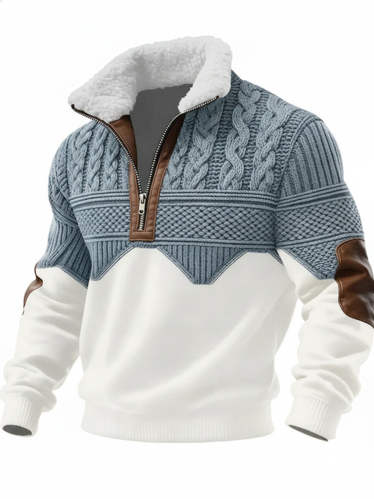 Men's Quarter-Zip Pullover Sweater with Faux Fur Collar and Contrast Panels