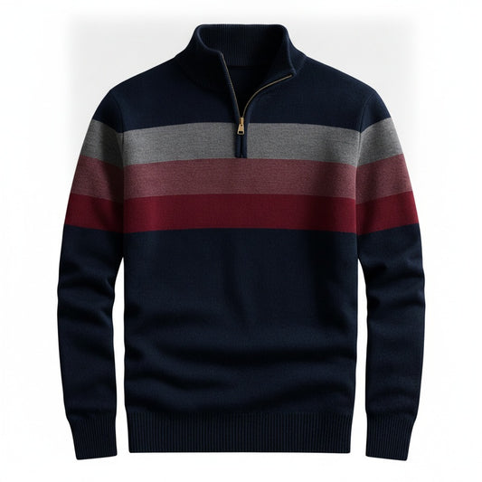 Men's Quarter-Zip Pullover Sweater with Striped Detail and Stand Collar