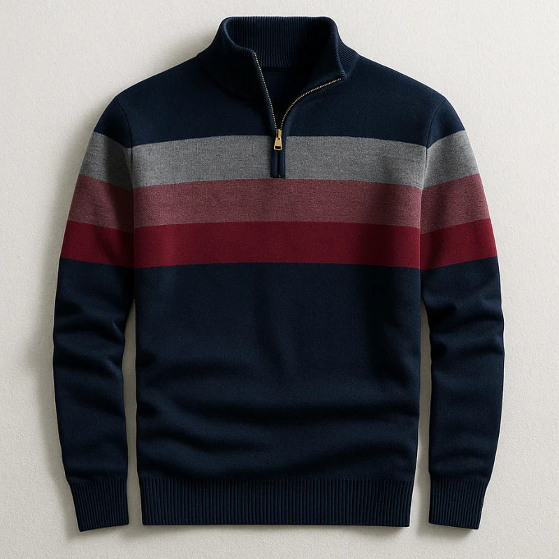 Men's Quarter-Zip Pullover Sweater with Striped Detail and Stand Collar