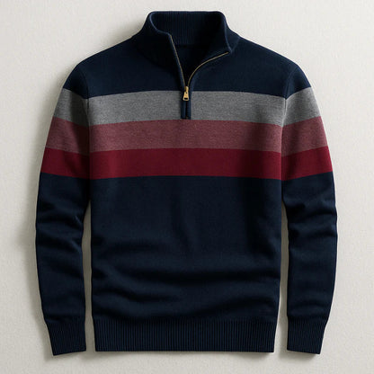 Men's Quarter-Zip Pullover Sweater with Striped Detail and Stand Collar