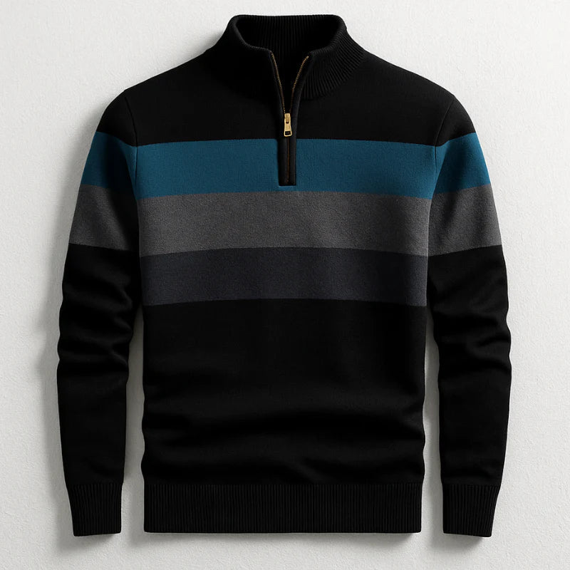 Men's Quarter-Zip Pullover Sweater with Striped Detail and Stand Collar