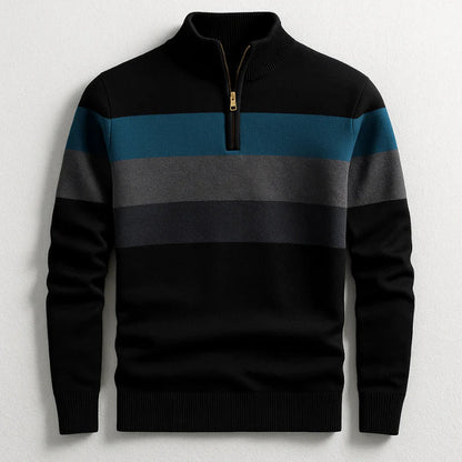Men's Quarter-Zip Pullover Sweater with Striped Detail and Stand Collar