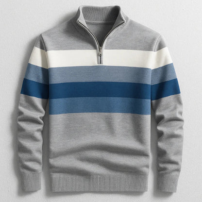 Men's Quarter-Zip Pullover Sweater with Striped Detail and Stand Collar