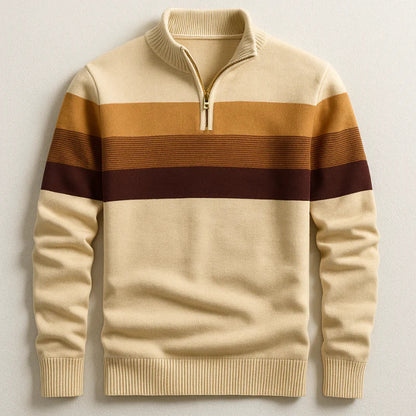 Men's Quarter-Zip Pullover Sweater with Striped Detail and Stand Collar