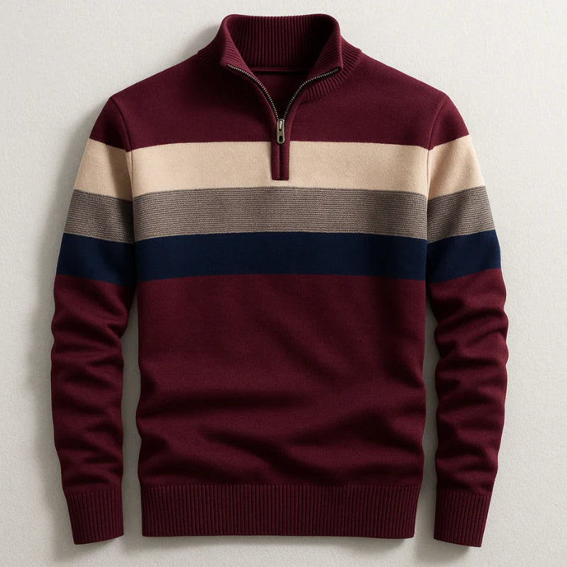 Men's Quarter-Zip Pullover Sweater with Striped Detail and Stand Collar