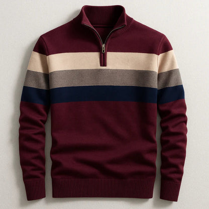 Men's Quarter-Zip Pullover Sweater with Striped Detail and Stand Collar