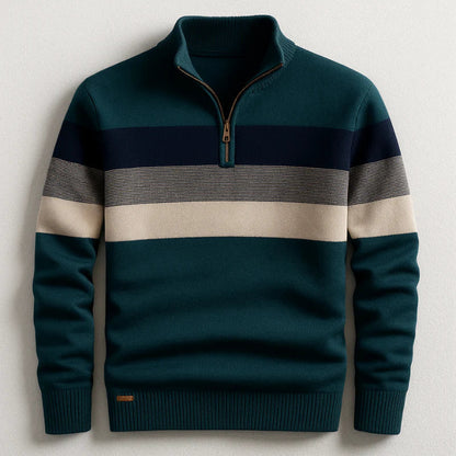 Men's Quarter-Zip Pullover Sweater with Striped Detail and Stand Collar