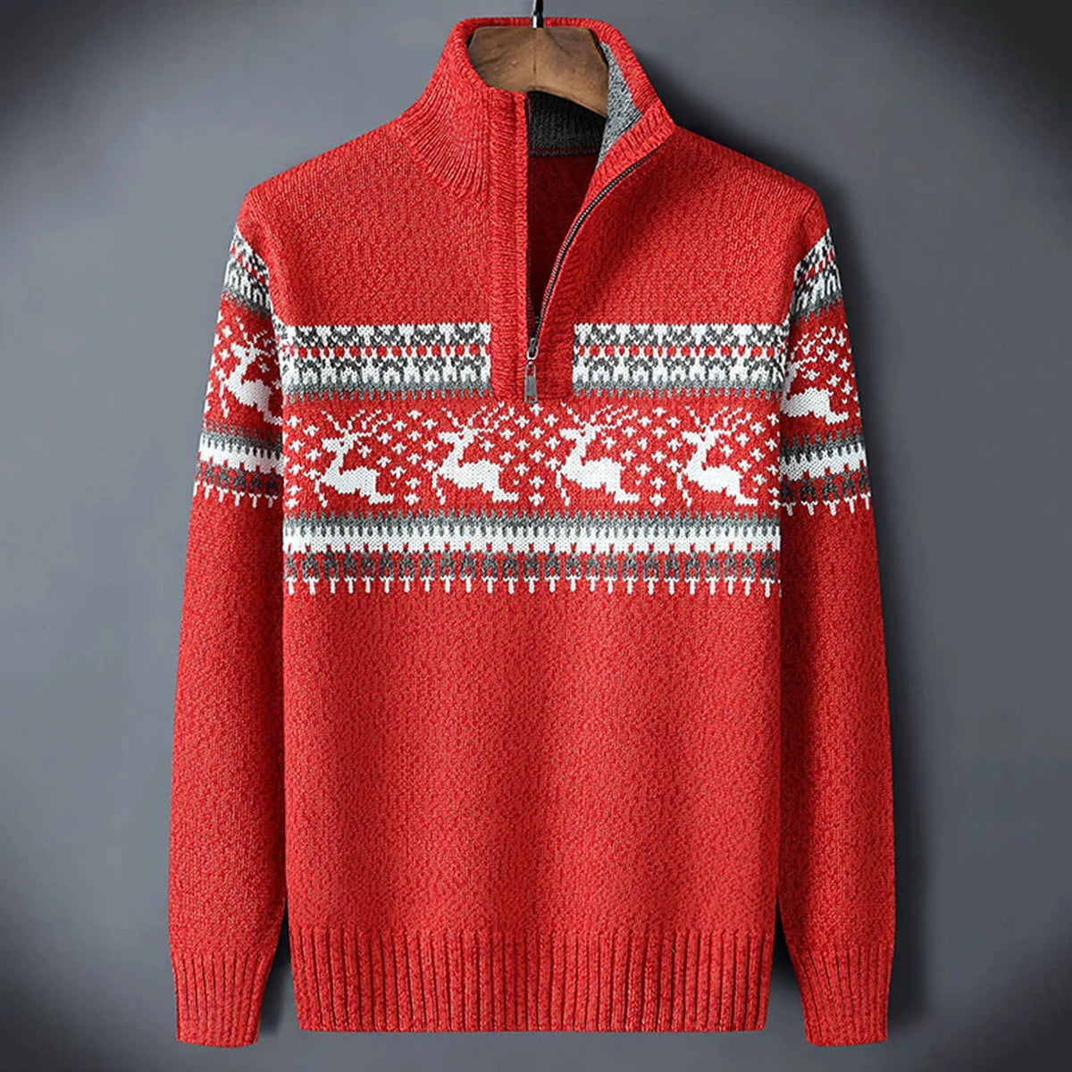 Men's Quarter Zip Sweater with Fair Isle Pattern and Stand Collar