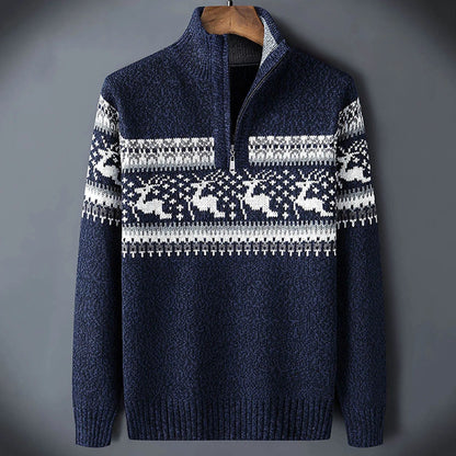 Men's Quarter Zip Sweater with Fair Isle Pattern and Stand Collar