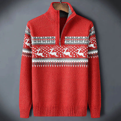 Men's Quarter Zip Sweater with Fair Isle Pattern and Stand Collar