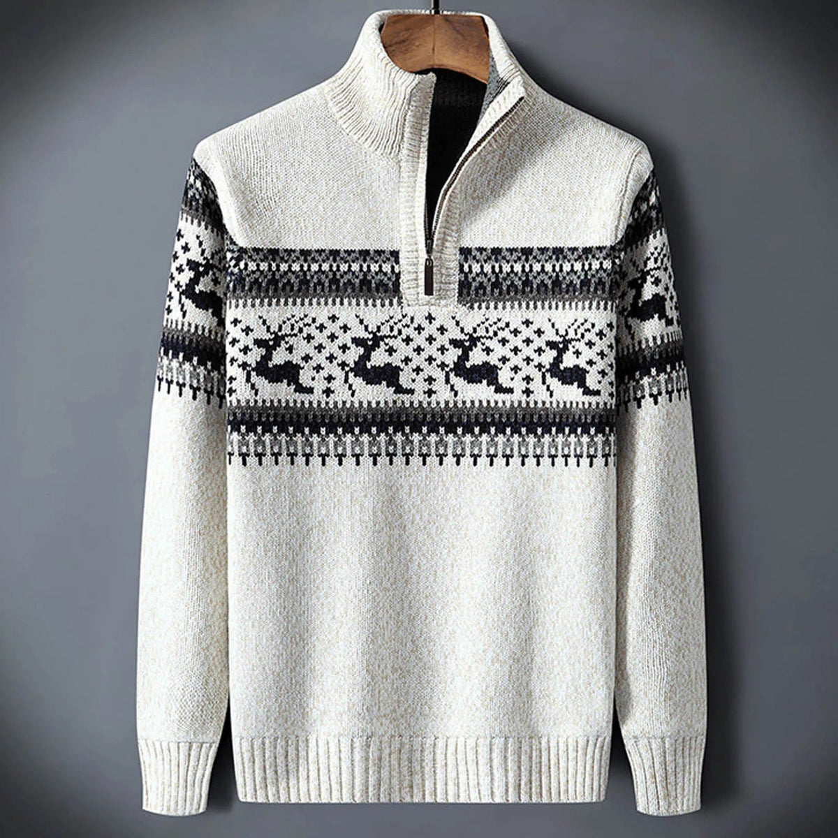 Men's Quarter Zip Sweater with Fair Isle Pattern and Stand Collar