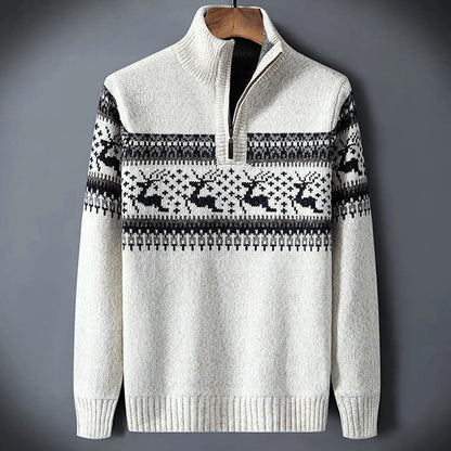 Men's Quarter Zip Sweater with Fair Isle Pattern and Stand Collar
