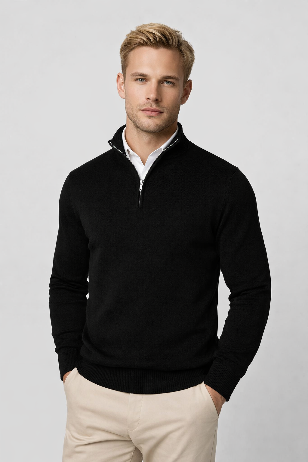 Men's Quarter-Zip Sweater with High Neck and Long Sleeves