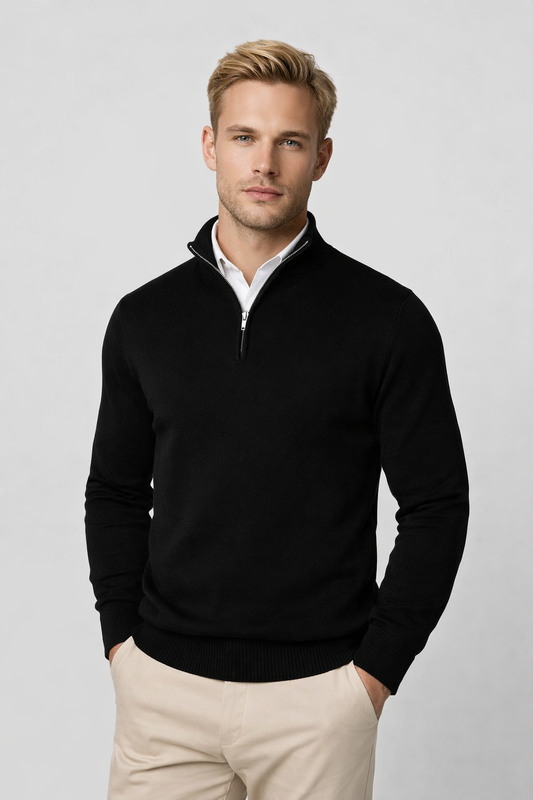 Men's Quarter-Zip Sweater with High Neck and Long Sleeves