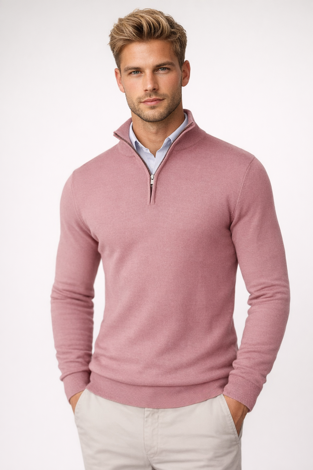 Men's Quarter-Zip Sweater with High Neck and Long Sleeves