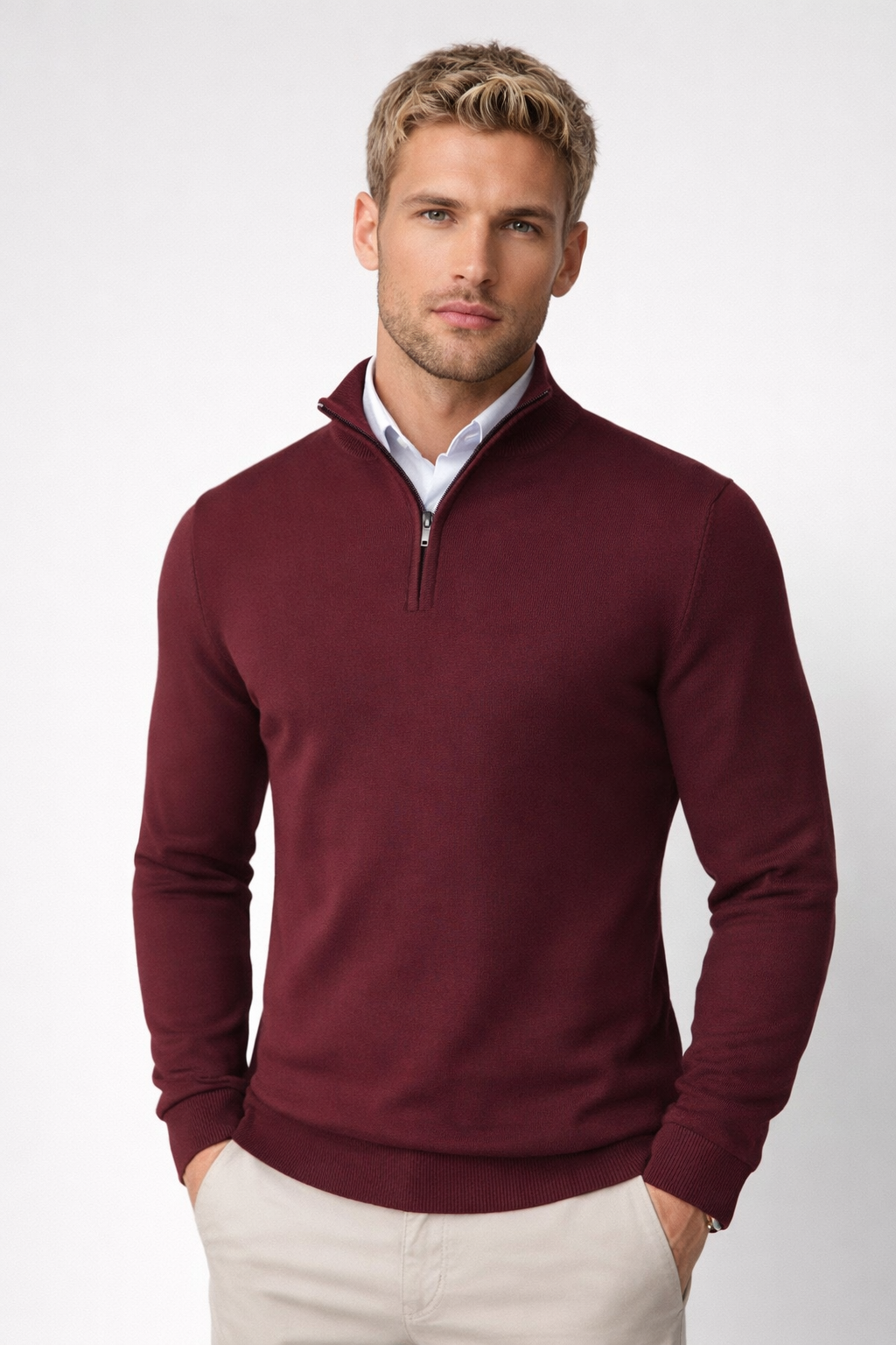 Men's Quarter-Zip Sweater with High Neck and Long Sleeves