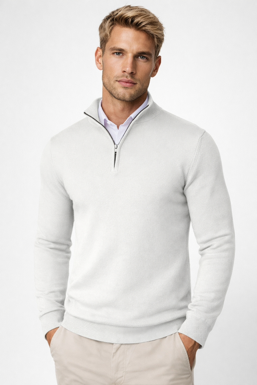 Men's Quarter-Zip Sweater with High Neck and Long Sleeves