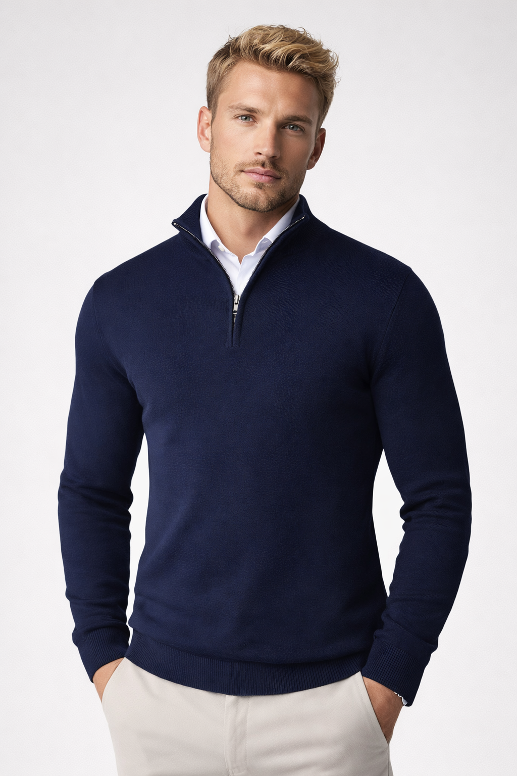 Men's Quarter-Zip Sweater with High Neck and Long Sleeves