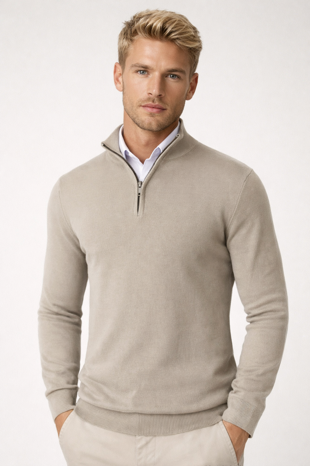 Men's Quarter-Zip Sweater with High Neck and Long Sleeves