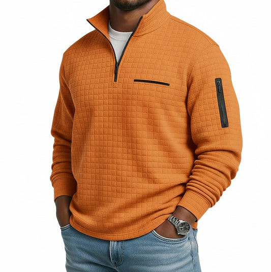 Men's Quarter-Zip Sweatshirt with Stand Collar and Waffle Texture