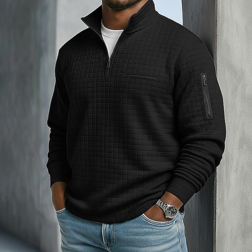 Men's Quarter-Zip Sweatshirt with Stand Collar and Waffle Texture