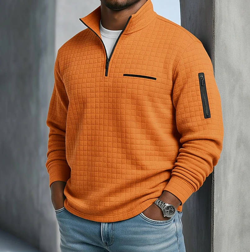 Men's Quarter-Zip Sweatshirt with Stand Collar and Waffle Texture