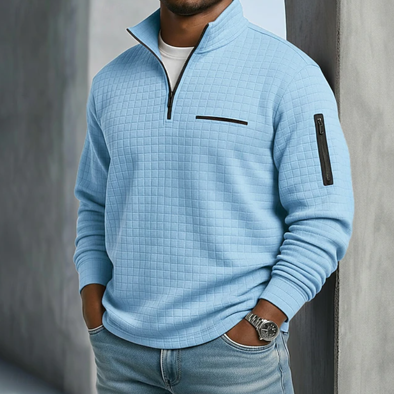 Men's Quarter-Zip Sweatshirt with Stand Collar and Waffle Texture