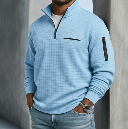 Men's Quarter-Zip Sweatshirt with Stand Collar and Waffle Texture