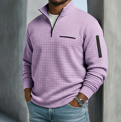 Men's Quarter-Zip Sweatshirt with Stand Collar and Waffle Texture