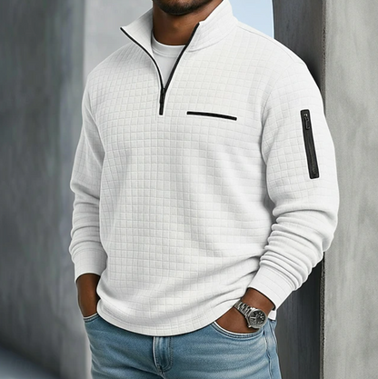 Men's Quarter-Zip Sweatshirt with Stand Collar and Waffle Texture