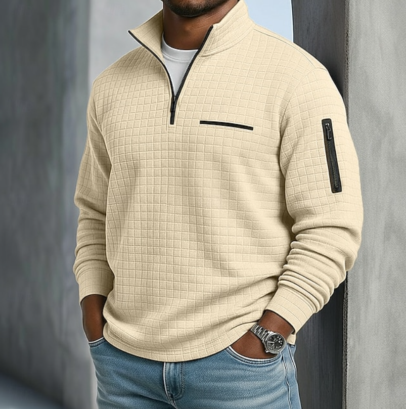 Men's Quarter-Zip Sweatshirt with Stand Collar and Waffle Texture