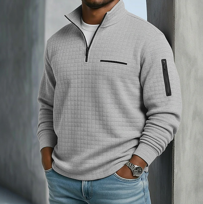 Men's Quarter-Zip Sweatshirt with Stand Collar and Waffle Texture