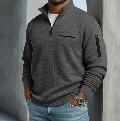 Men's Quarter-Zip Sweatshirt with Stand Collar and Waffle Texture