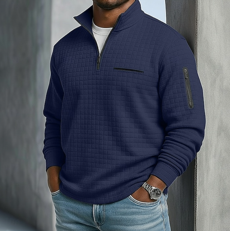 Men's Quarter-Zip Sweatshirt with Stand Collar and Waffle Texture
