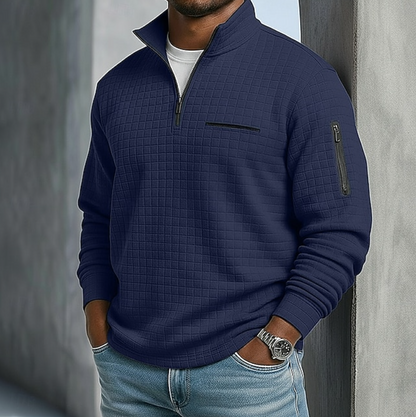 Men's Quarter-Zip Sweatshirt with Stand Collar and Waffle Texture