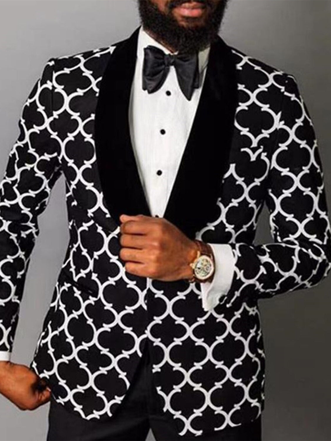 Men's Quatrefoil Print Single-Breasted Blazer with Shawl Lapel