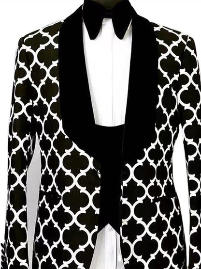 Men's Quatrefoil Print Single-Breasted Blazer with Shawl Lapel